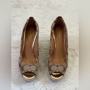 Coach Peep-Toe Women's Wedges Tan and Brown with gold accents